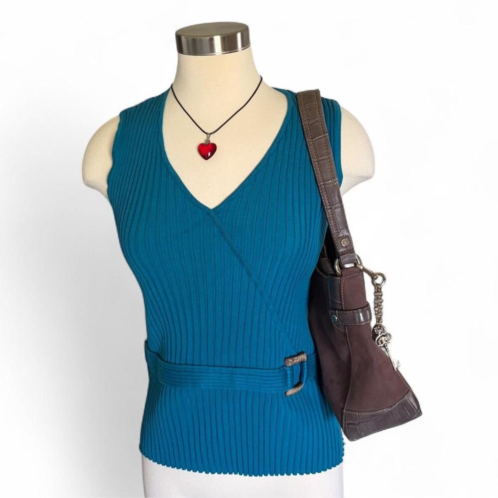 Vintage Y2K Worthington Blue & Brown Ribbed Silk Blend Belted Tank Top